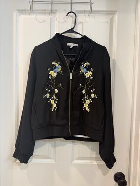 WD.NY Black Bomber Jacket with Blue Bird and Yellow Floral Embroidery